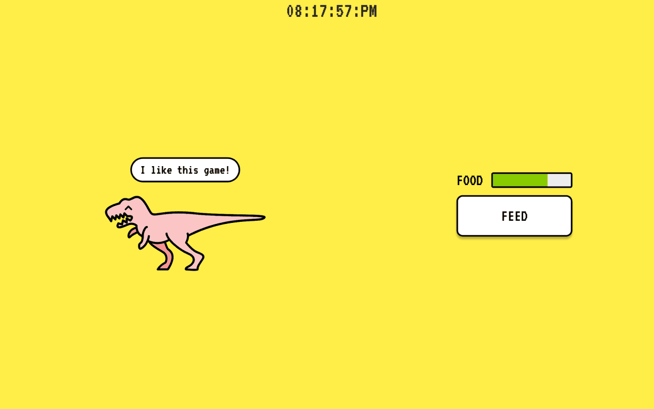The pink T-Rex from Dinogotchi on a yellow background