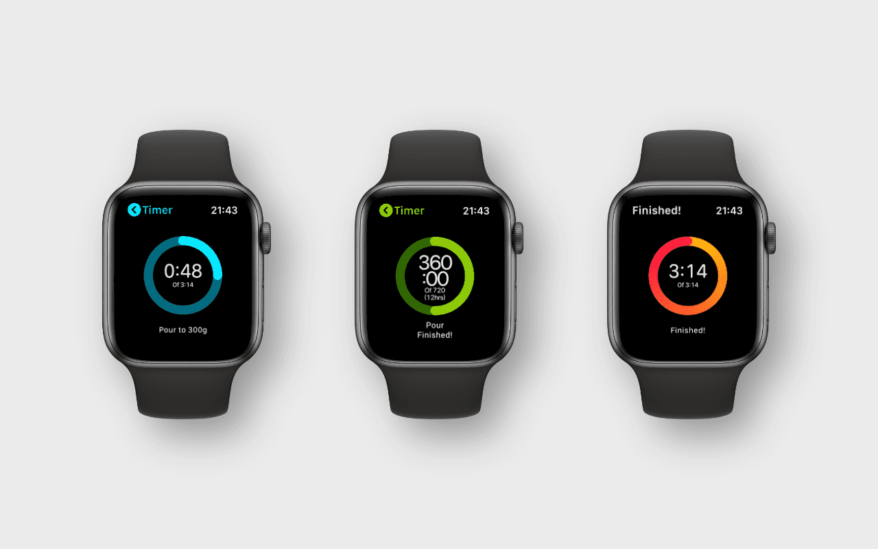 3 screenshots of different states in the Coffee Timer app, each shown on an Apple Watch