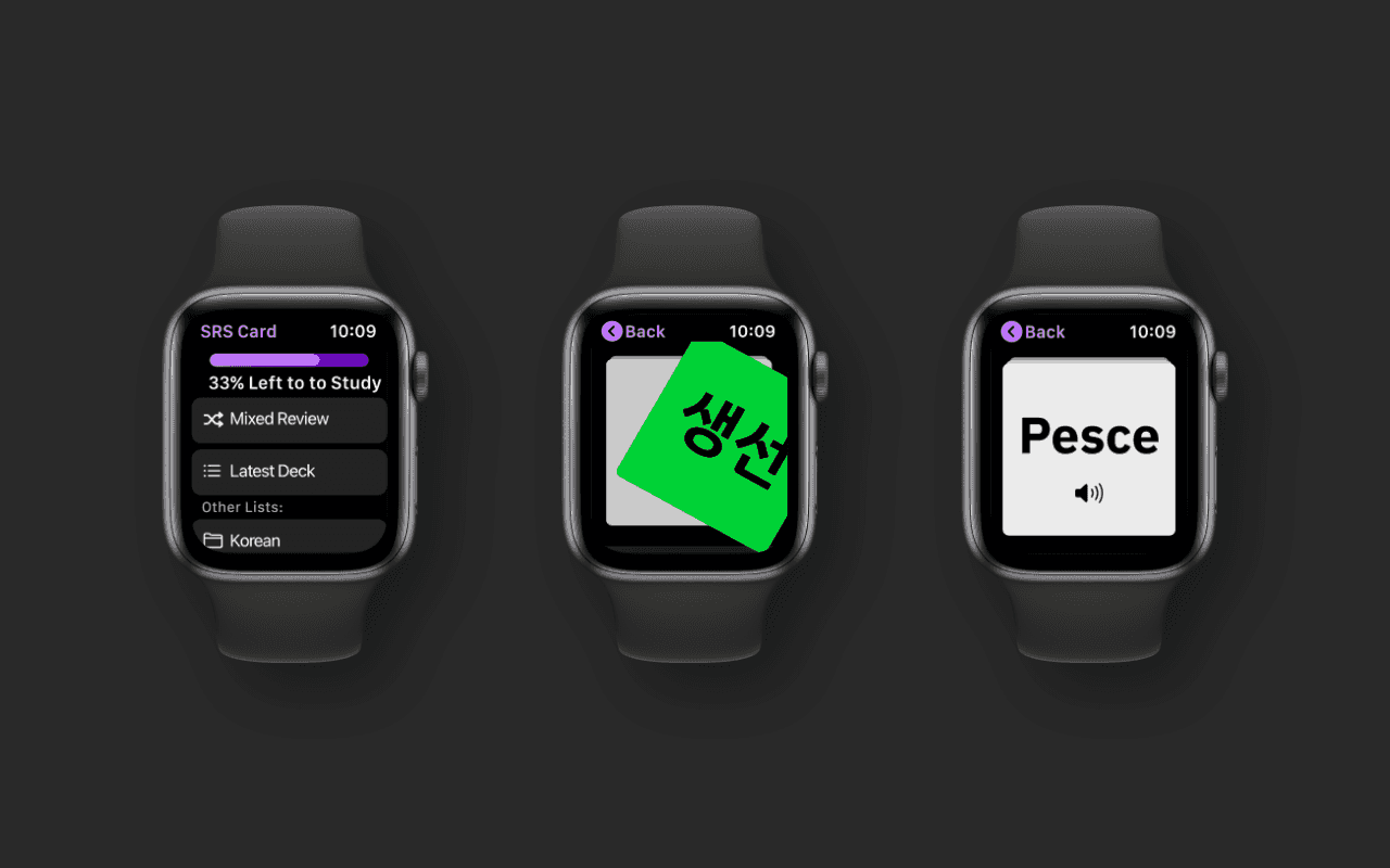 3 screenshots of different states in the SRS Card app, each shown on an Apple Watch